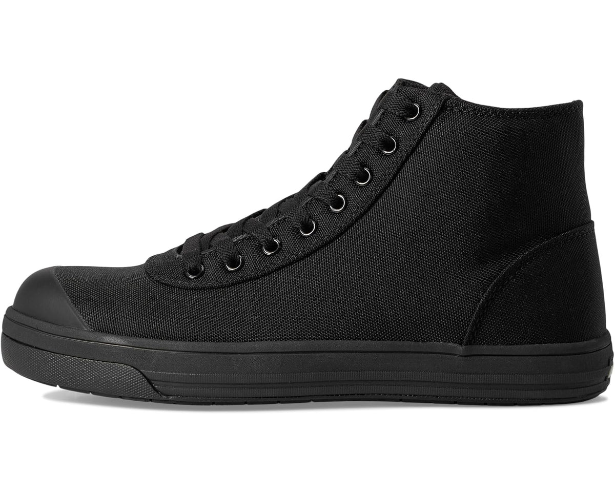 Black lace-up high-top work boots with padded collar and metal eyelets