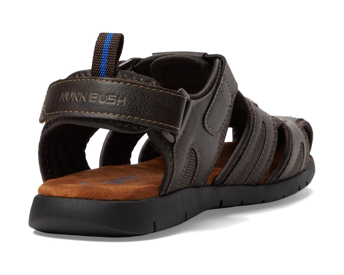 Closed-toe sandal heel view in dark brown with padded strap and NUNN BUSH branding