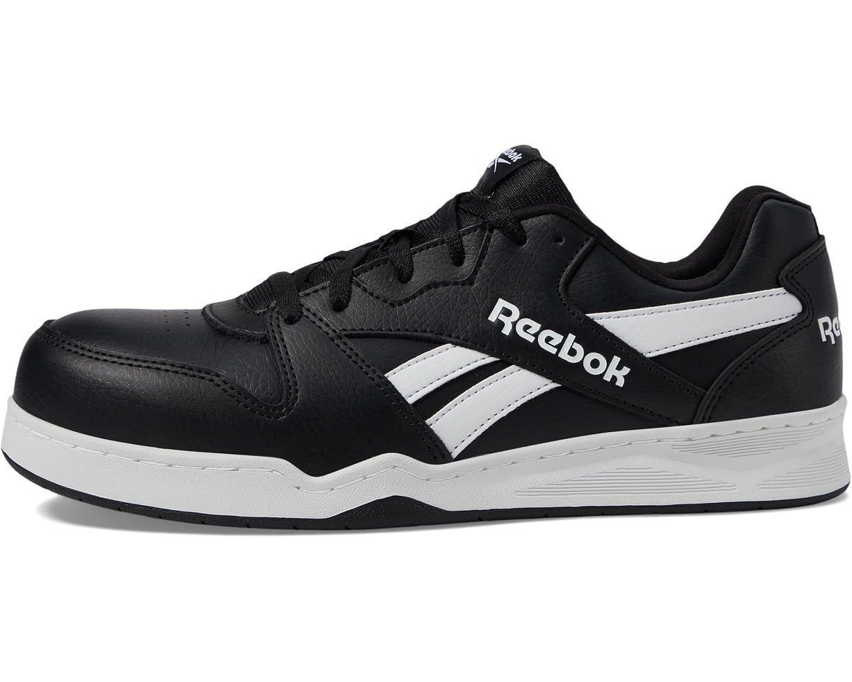 Black leather lace-up sneaker with white Reebok branding and white midsole