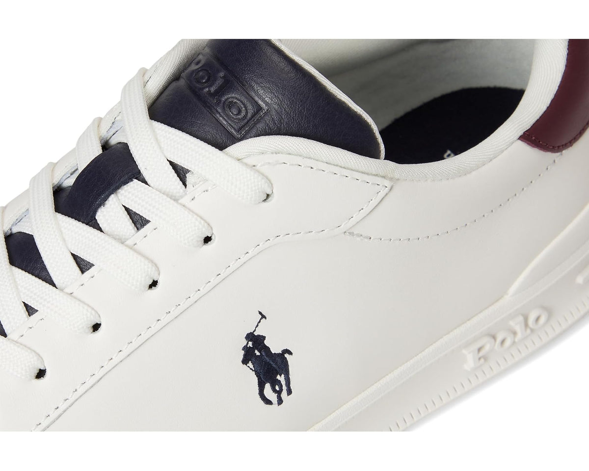 Men's Polo Ralph Lauren leather sneakers, close-up of off-white leather and polo logo