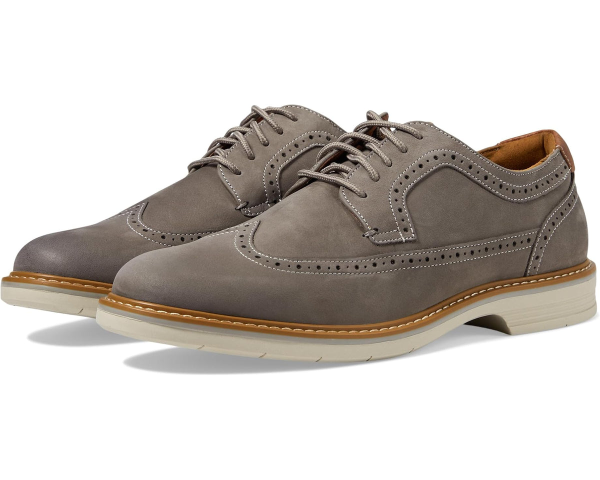 Men's Florsheim Norwalk wingtip oxford in gray nubuck with lace-up front.