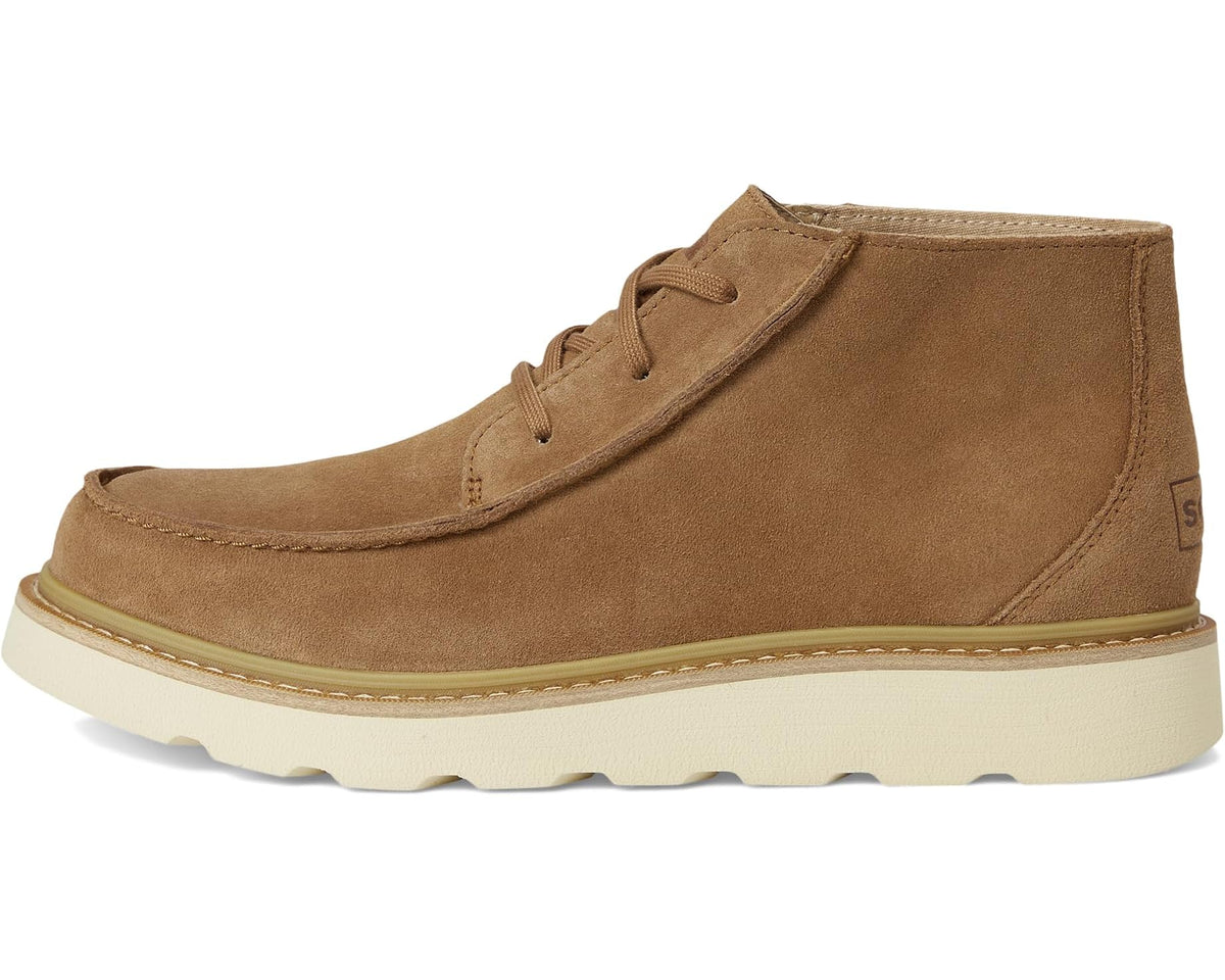 Tan suede mid-top lace-up boot with cream sole and stitched side panel