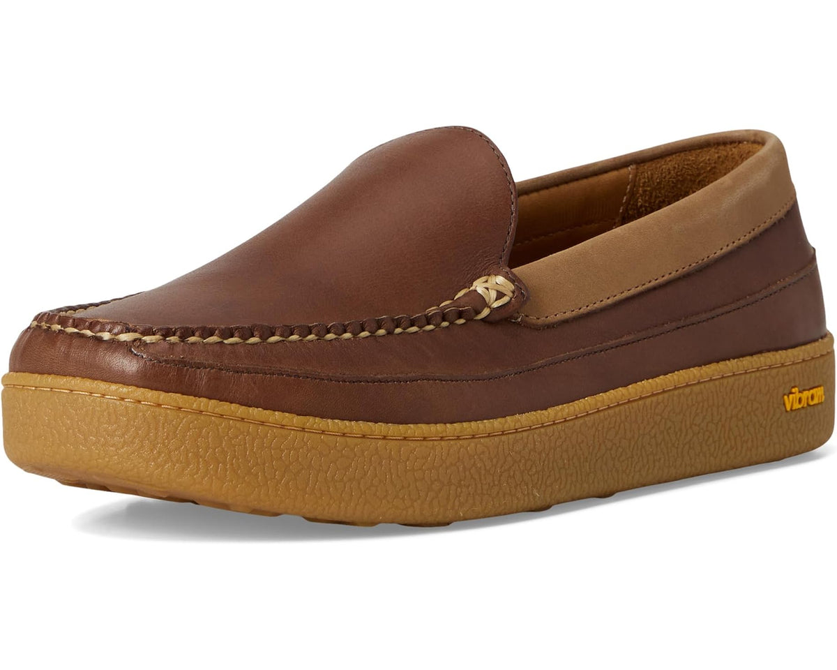 Hazelnut slip-on moc-toe slippers with tan sole and woven laces detail