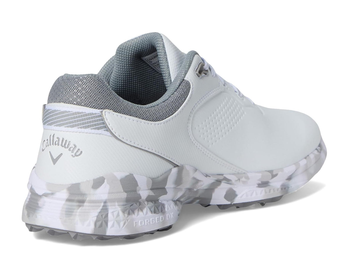 Men's white and grey golf shoe heel with grey collar lining and textured outsole tread