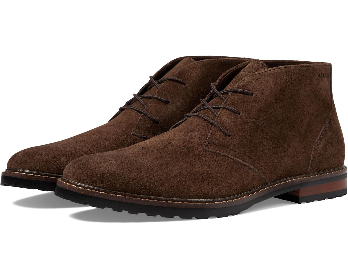 Brown suede lace-up chukka boot with padded collar and low rubber sole