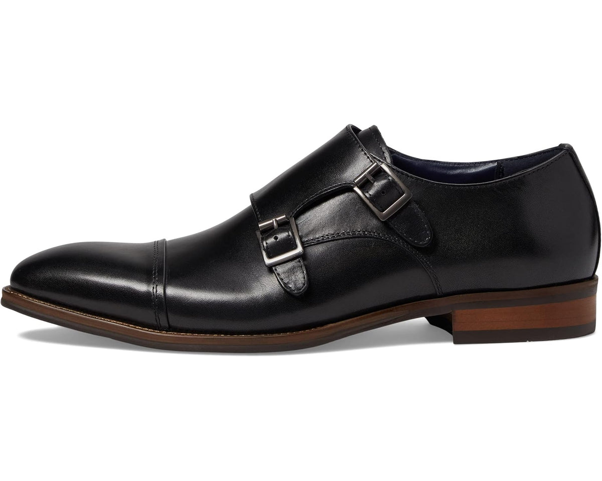 Men's black leather dress shoes with two buckle straps and brown heel