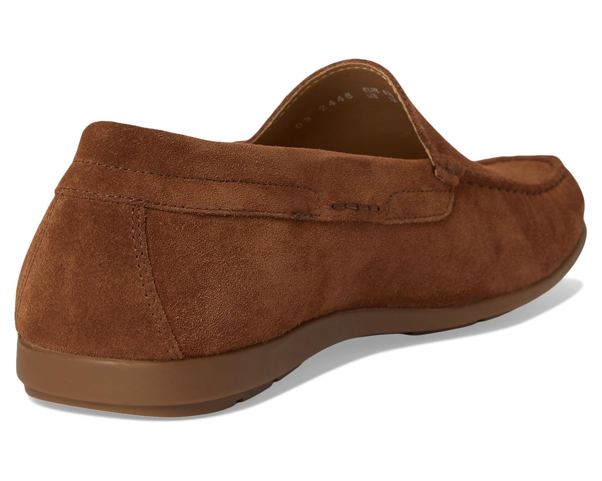 Men's brown suede loafer heel with flexible sole and stitched upper