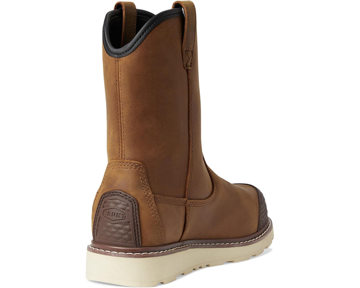 Men's brown pull-on composite-toe boots with heel pull tab and cushioned light sole