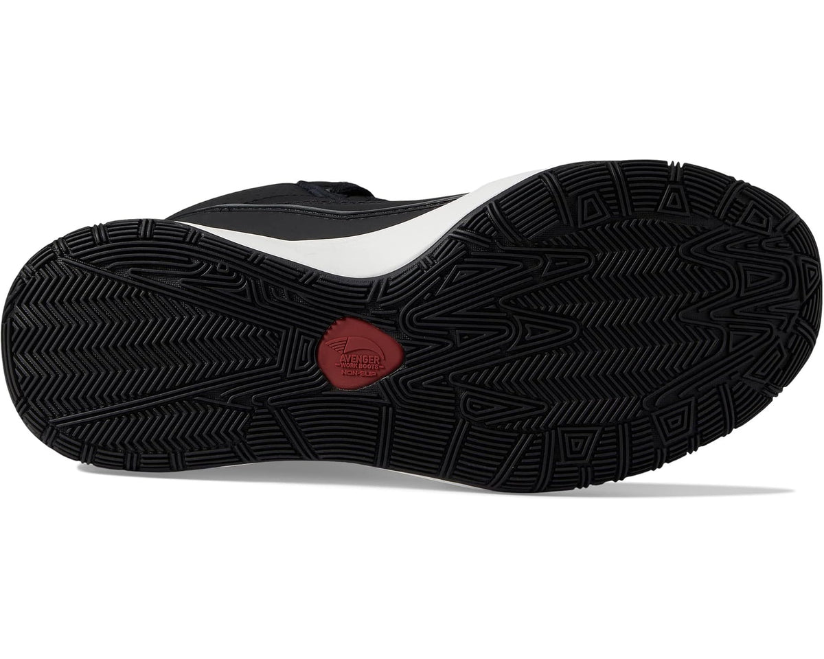 Men's work boot outsole with rugged tread pattern and small red logo, black and white