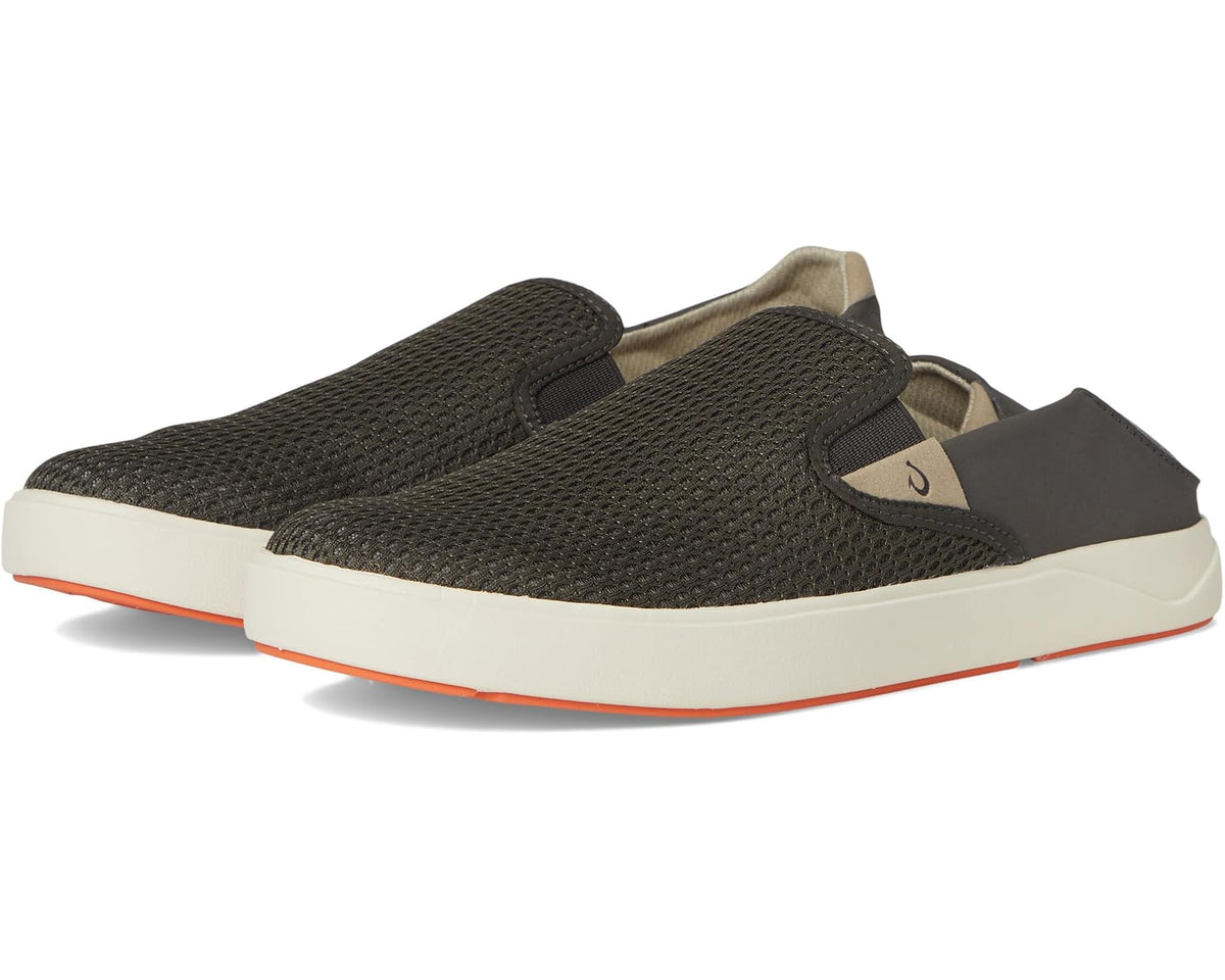 OluKai men's slip-on sneaker in dark brown mesh with gray collar and white orange sole