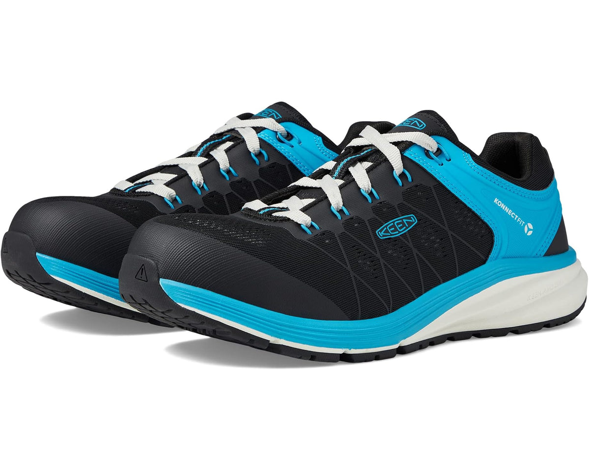 Men's KEEN utility work shoe in black and bright blue with white laces