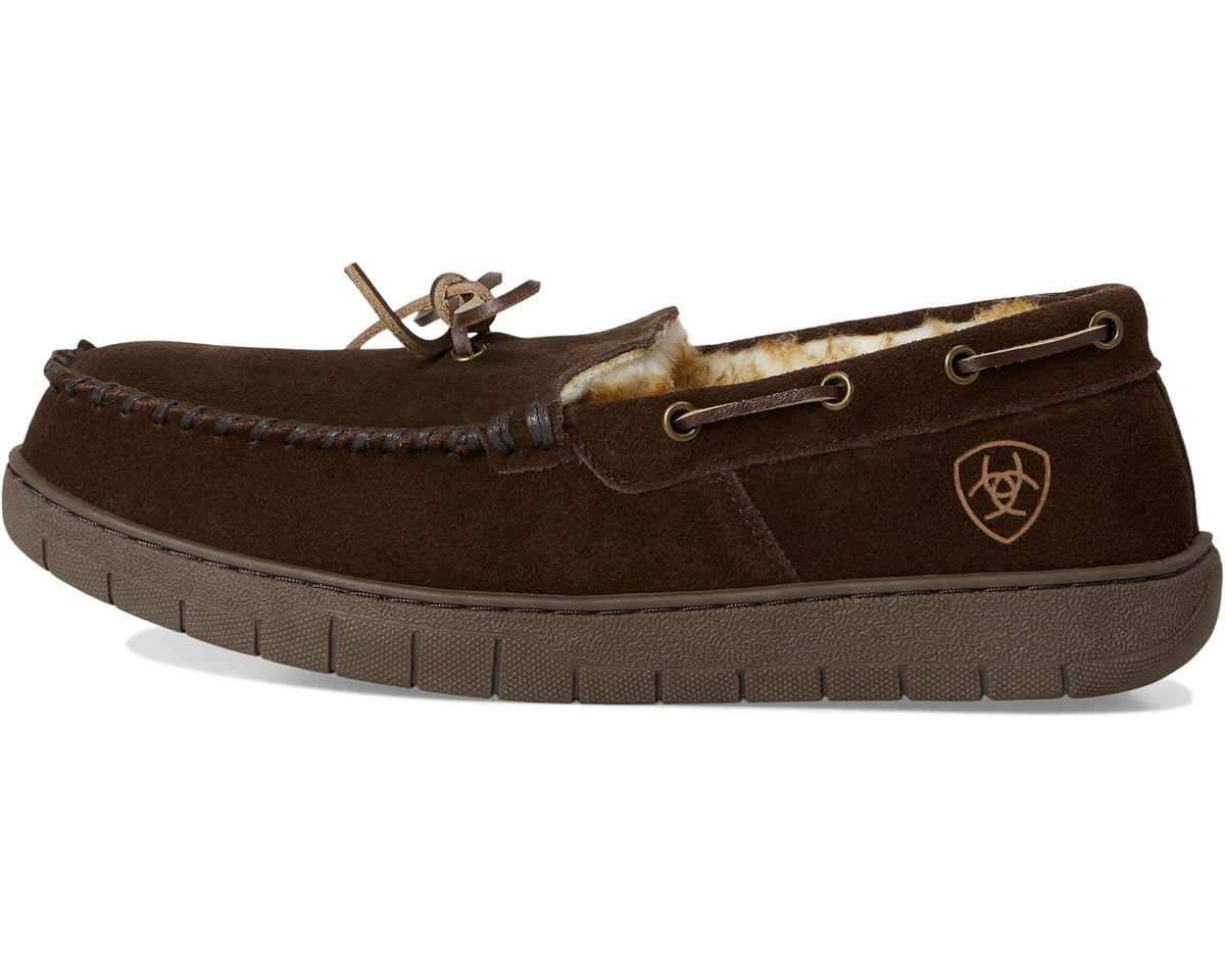 Men's dark brown suede moc slipper with lace-up closure and logo emblem at side