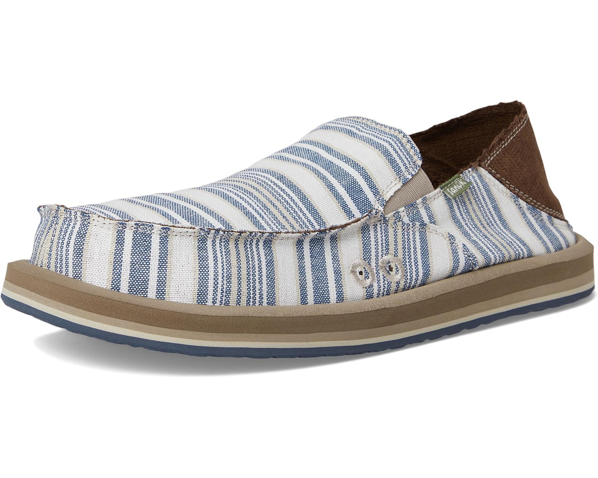 Men's striped canvas slip-on with brown gore, blue-and-white stripes, tan rubber sole