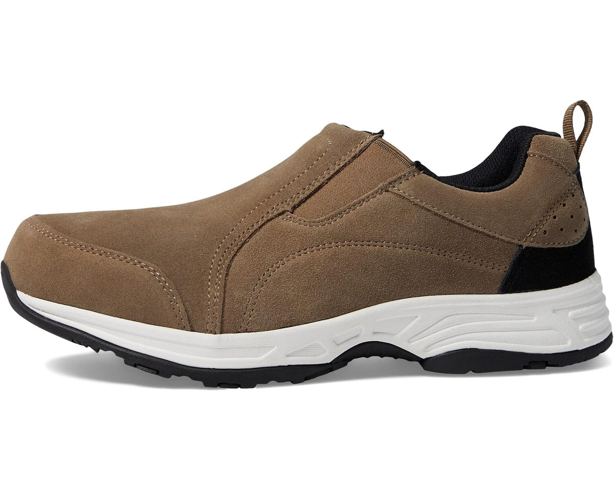 Men's Propet slip-on sneakers, brown suede-look with black heel panel and white sole