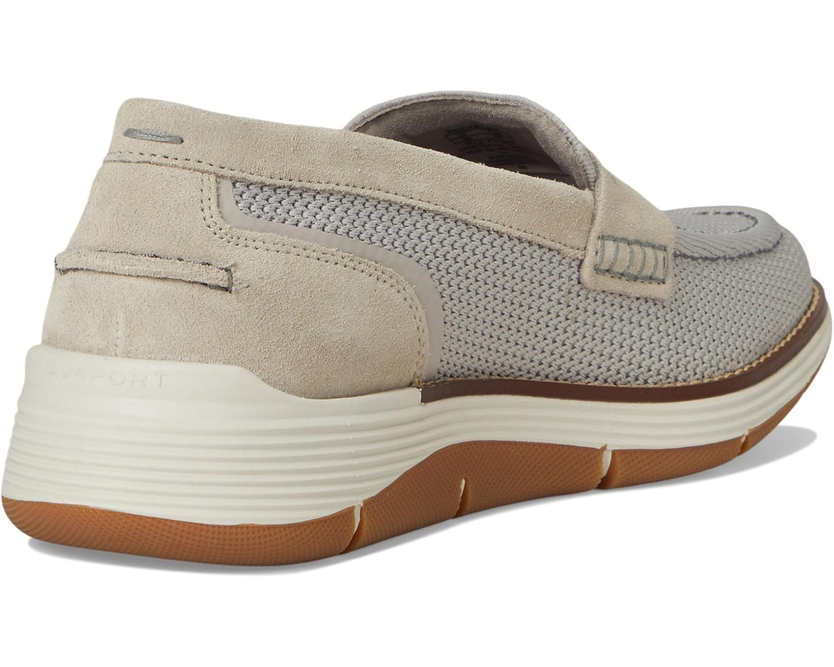 Men's taupe slip-on shoe heel and side, showing suede panel and cushioned sole