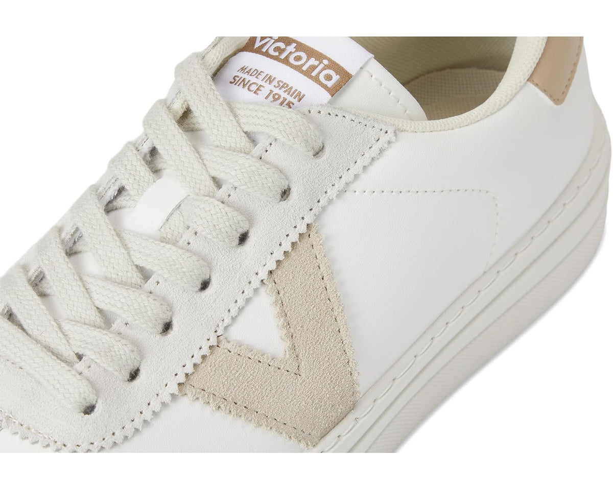 Unisex sneaker tongue detail, white laces with Victoria label and branding