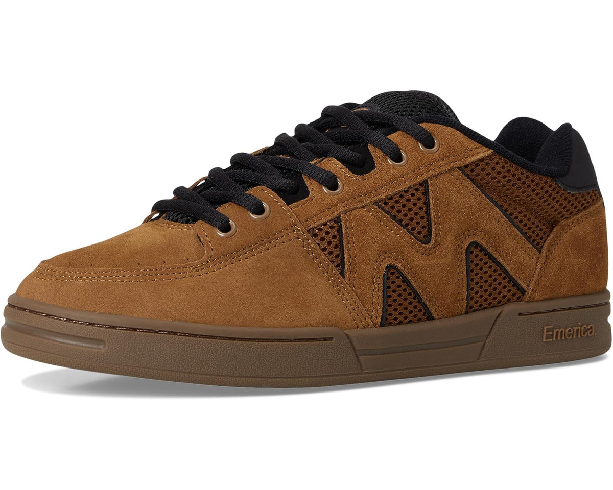 Low-top skate shoes front view in brown suede with black laces and gum sole