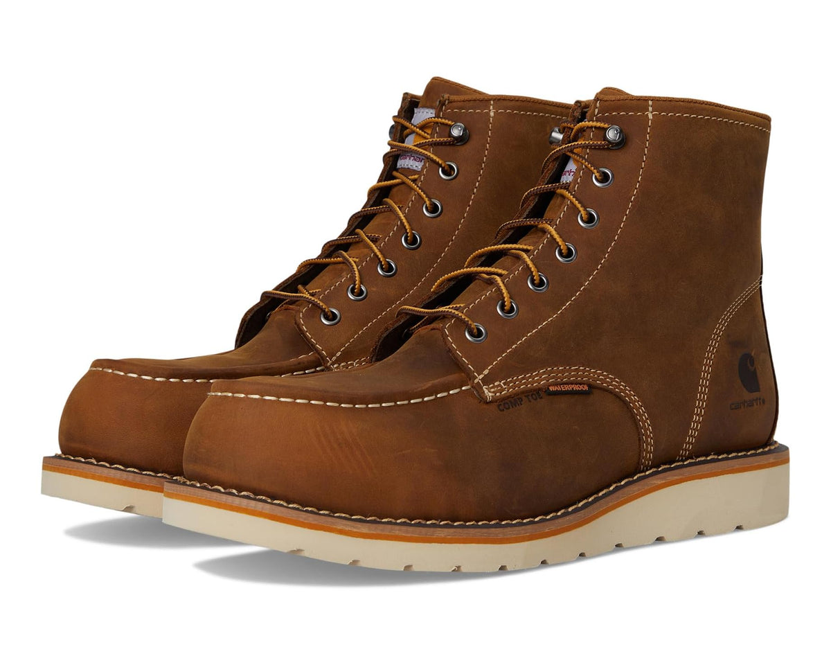 Light brown Carhartt waterproof work boots, moc-toe wedge with lace-up upper