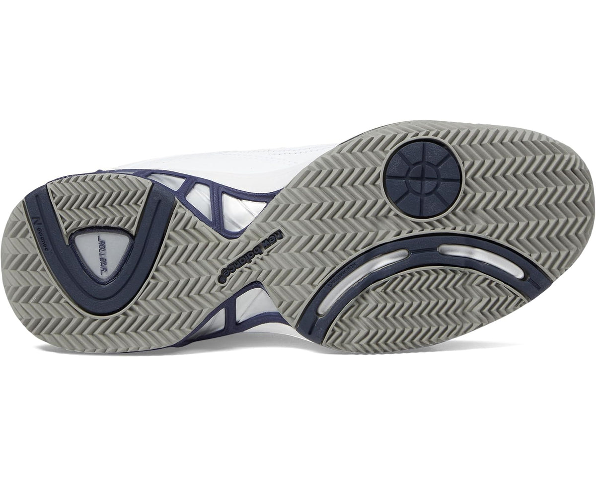White tennis shoe outsole with chevron tread and navy heel insert