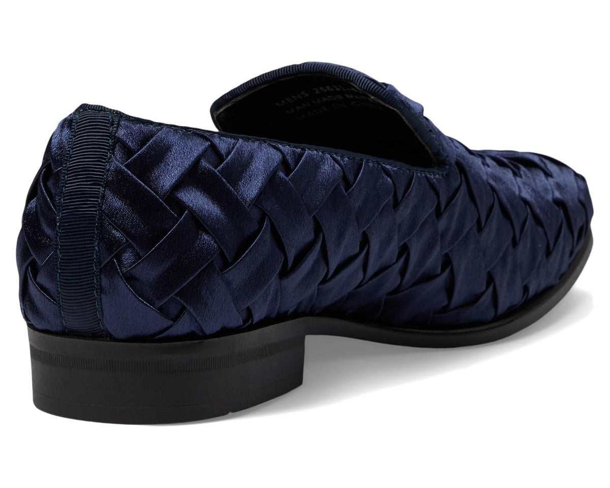 Navy satin slip-on loafer rear view with elastic gore and stacked sole