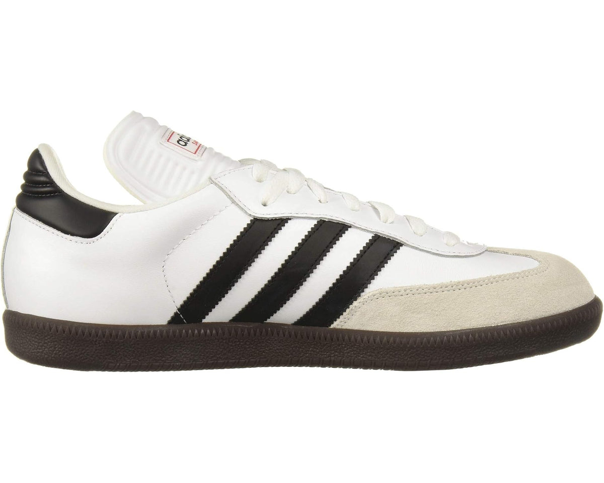 Unisex adidas Samba® soccer cleat, low-top white leather with black stripes and gum sole