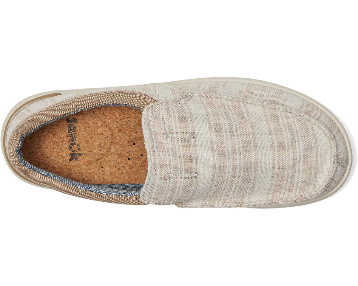 Sanuk Hangout Lite slip-on shoes with cork footbed and striped beige fabric upper