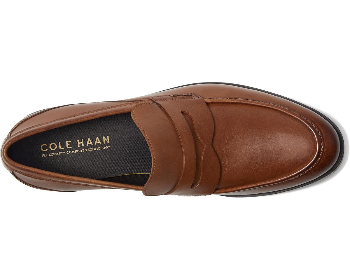 Men's brown leather penny loafers, Cole Haan logo on insole lining