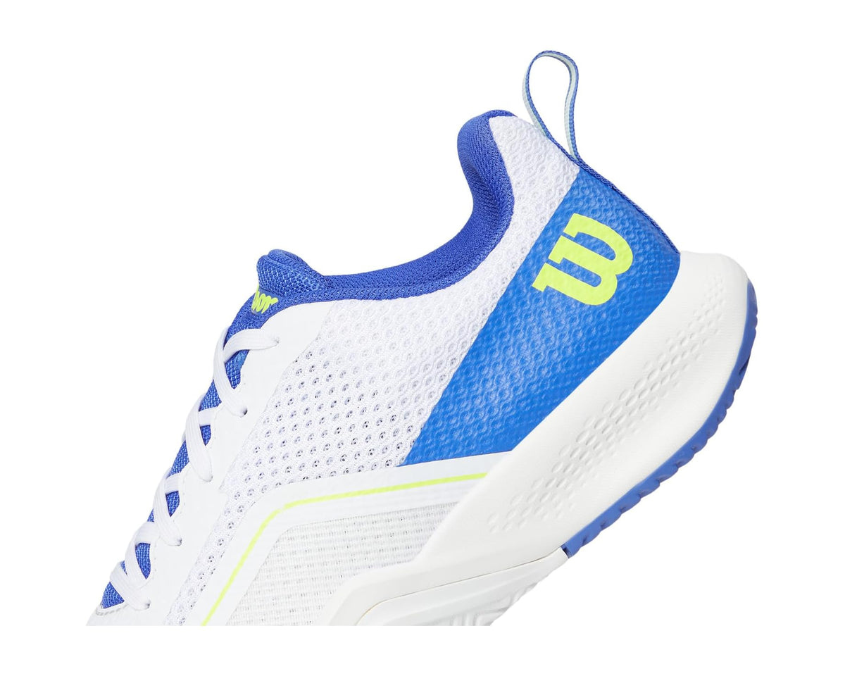 Men's white and blue running shoe close-up, blue side panel with green accent