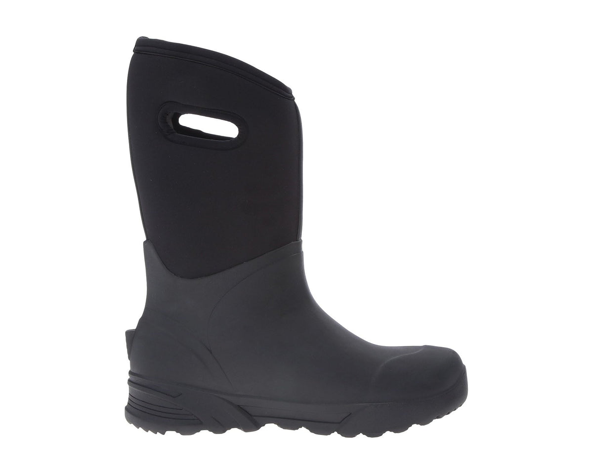 Black tall boots with side pull tab and embossed logo window