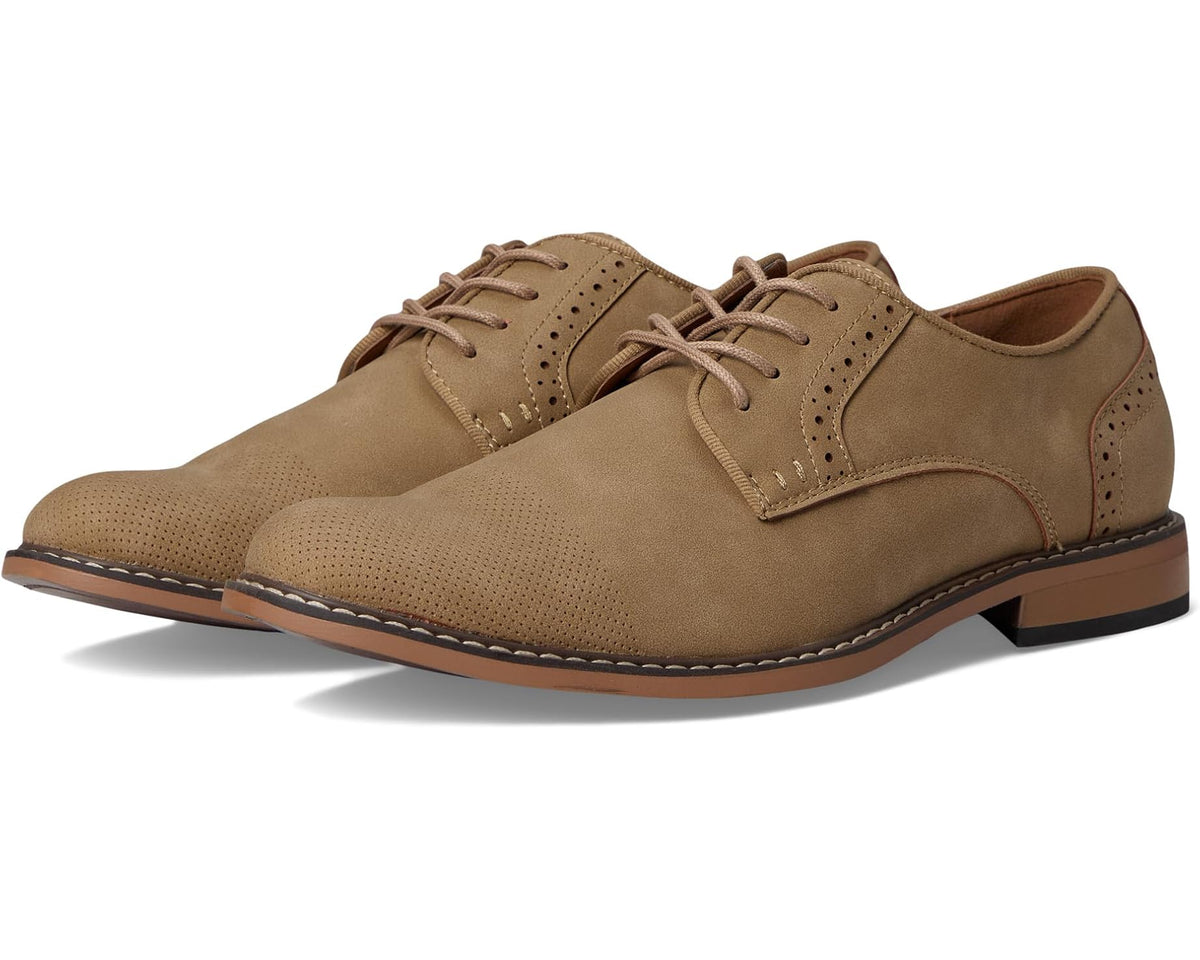 Men's taupe lace-up oxford shoe with perforated panels and lace-up closure