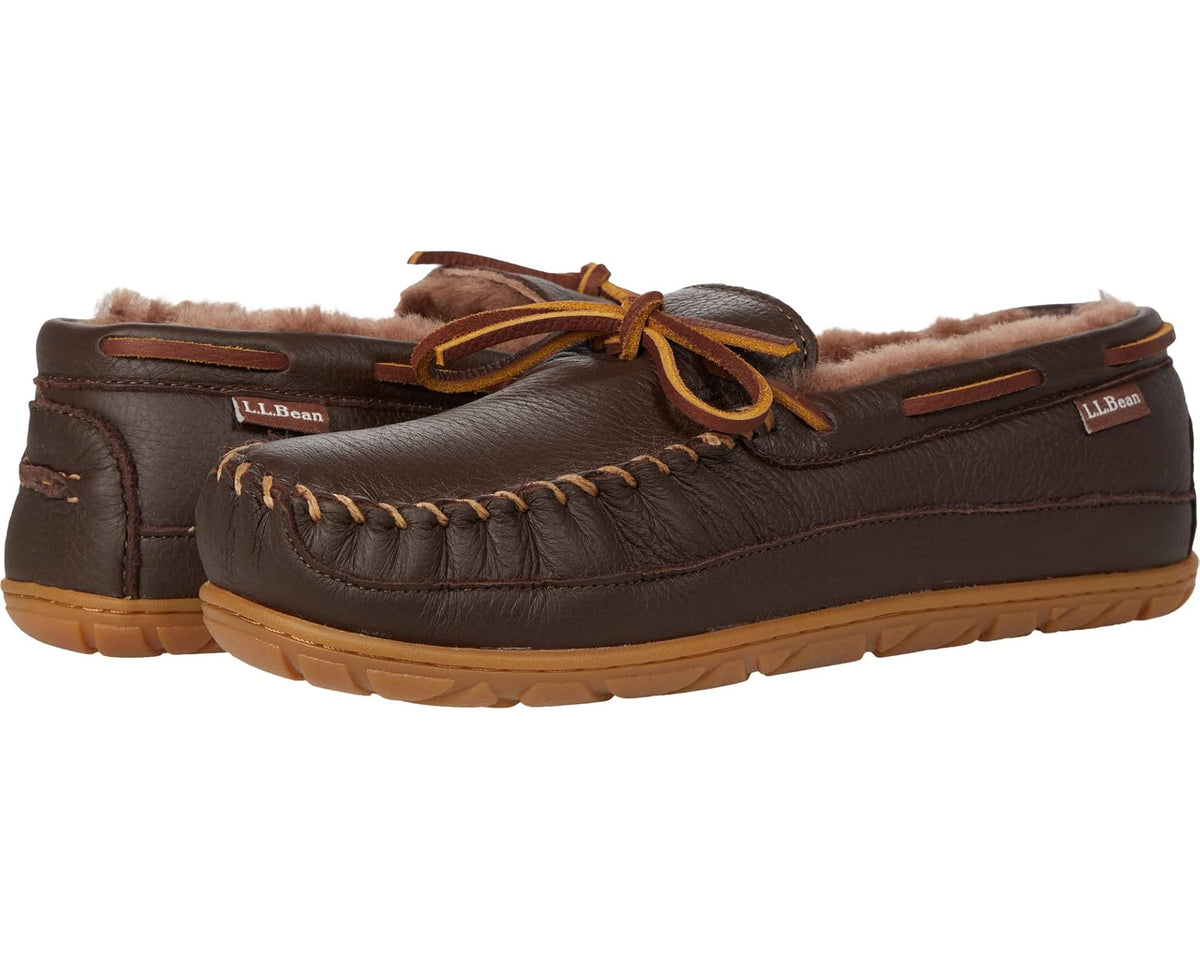 Men's L.L.Bean moccasin slippers in dark brown leather with fur lining and lace-up top