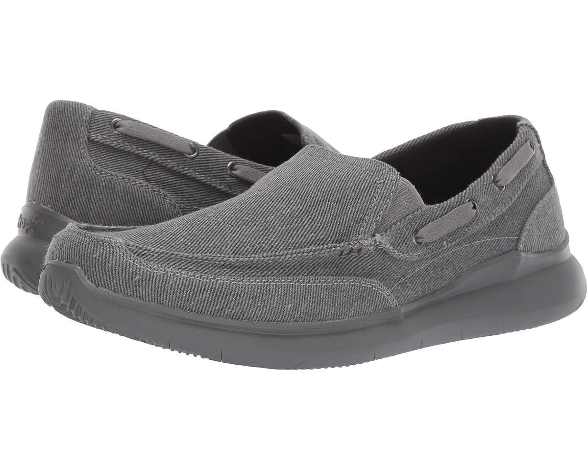 Grey fabric slip-on casual shoe with lace-up eyelets and cushioned sole