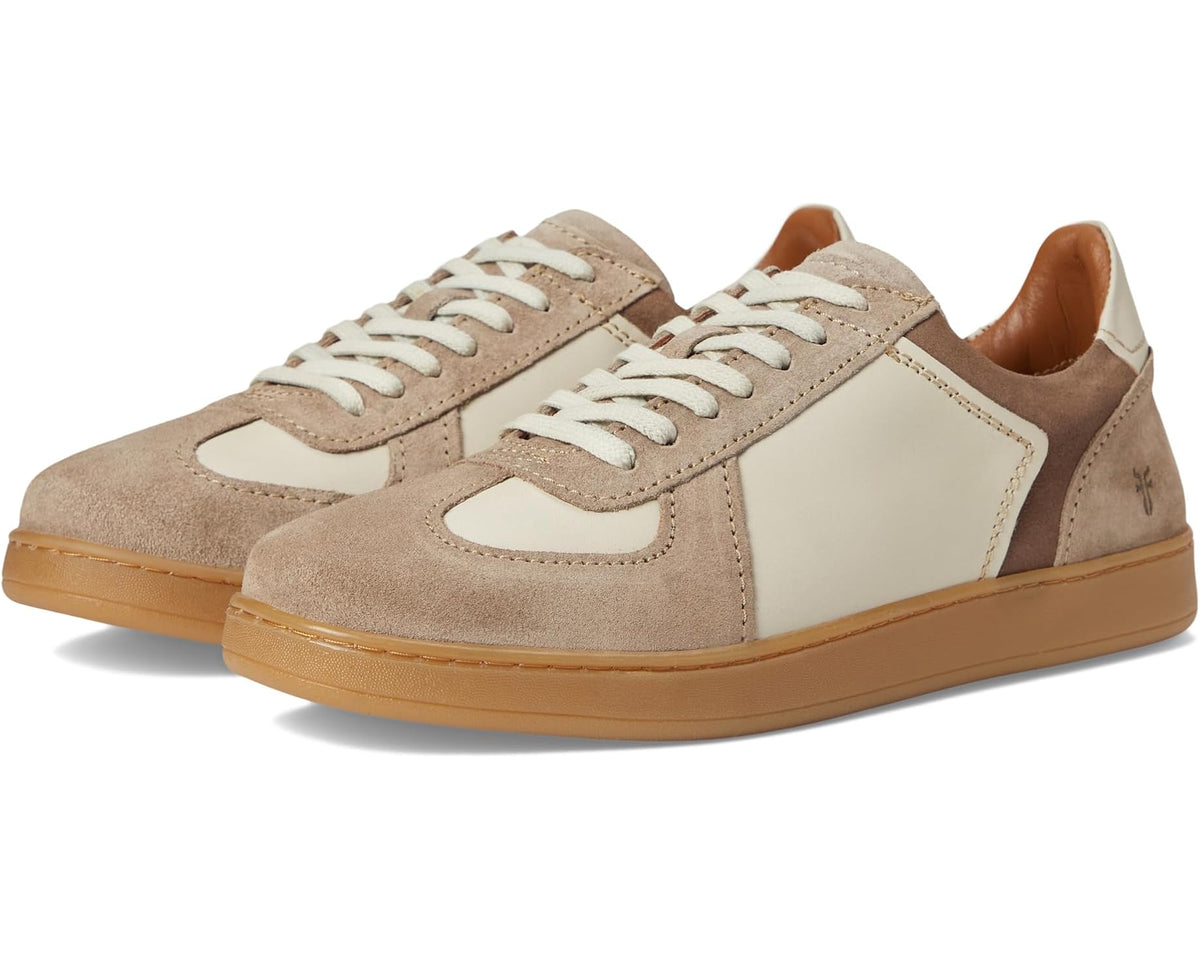 Men's Frye trainer sneakers in ivory, tan suede and leather with lace-up.