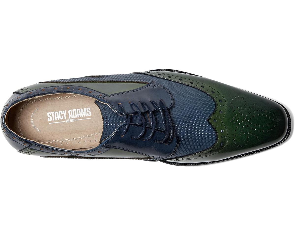 Men's wingtip lace-up dress shoe with “Stacy Adams” logo on tongue, navy and green