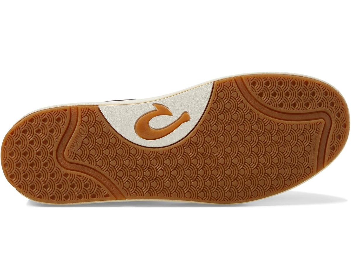 Men's dark outsole rubber with wave pattern and tan OluKai logo