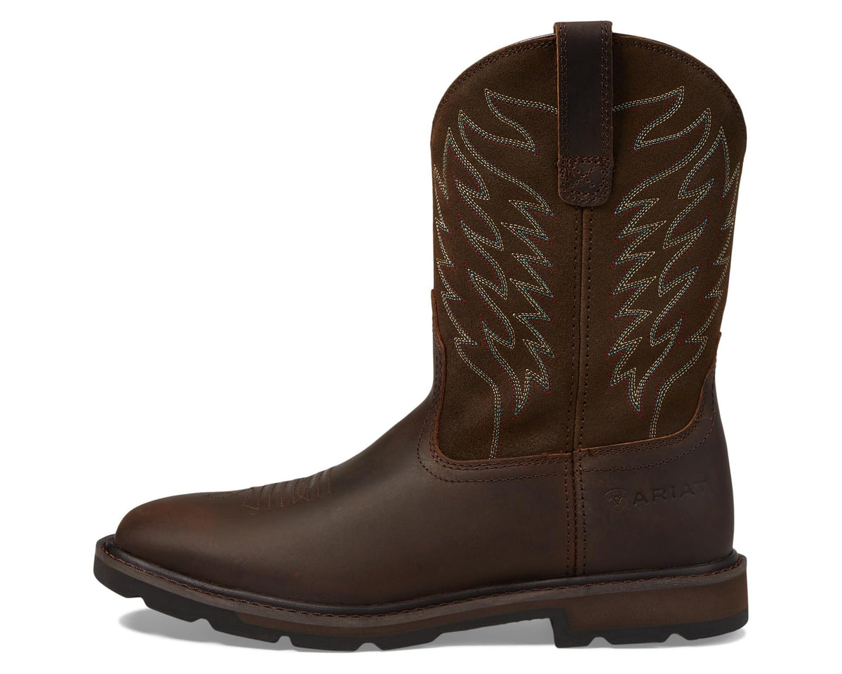 Men's Ariat boots, brown leather with wide square toe, pull-on tab, embroidered panels