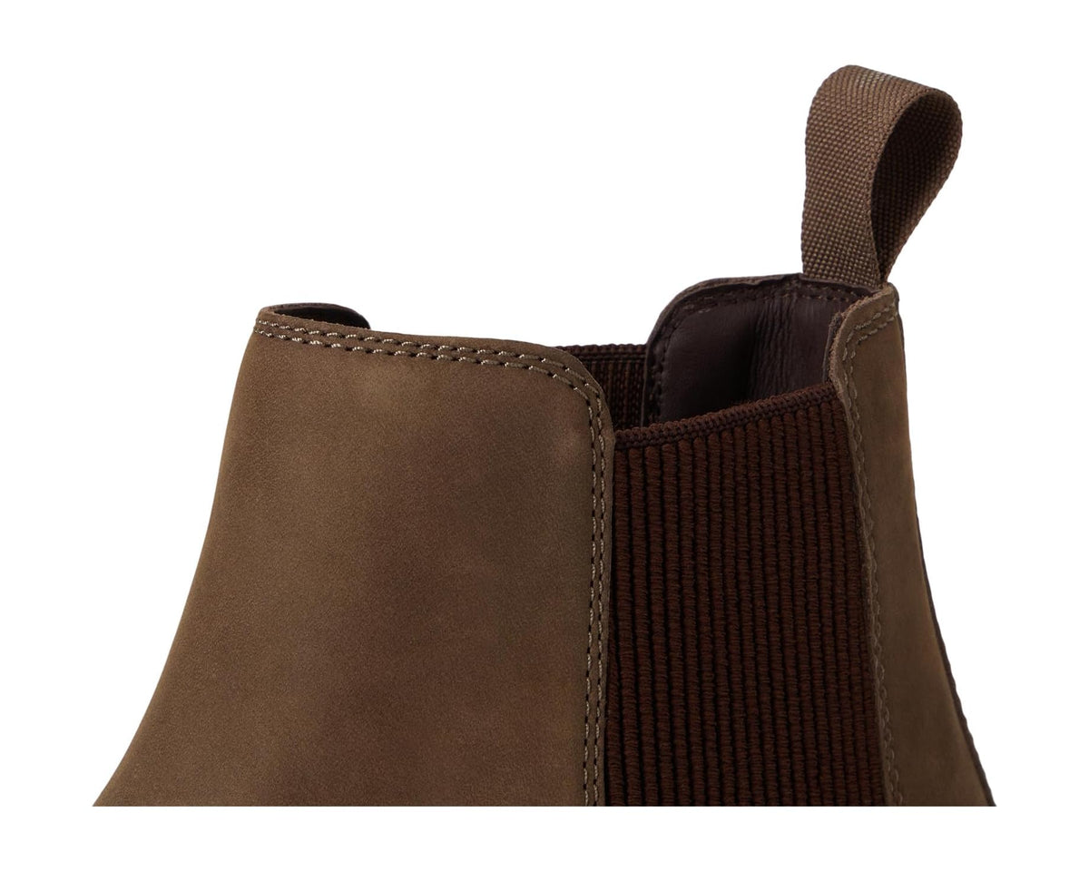Close-up of Chelsea boot upper showing truffle nubuck and black elastic gore detail
