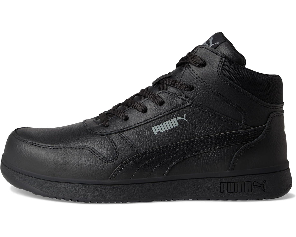 Black PUMA safety mid leather sneaker, lace-up closure with molded toe guard.