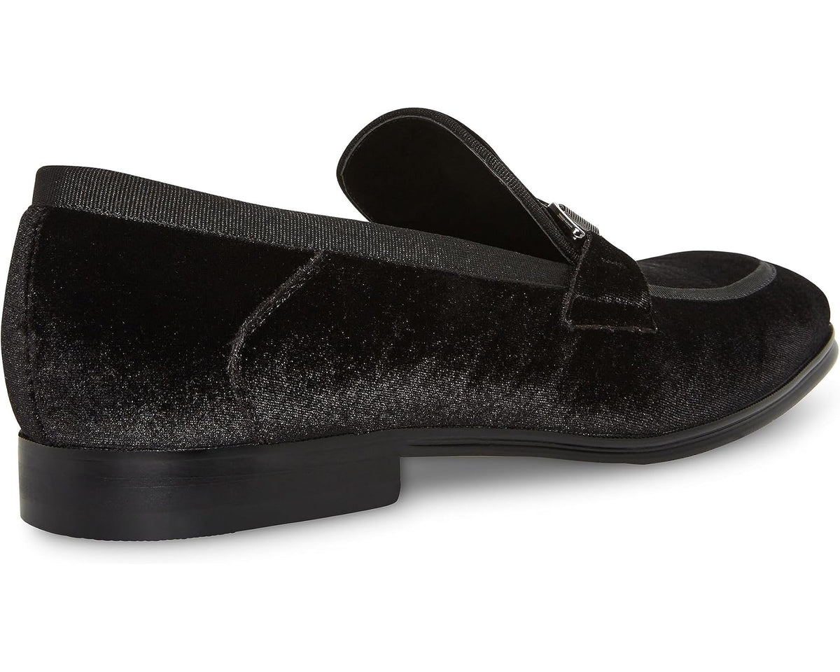 Men's Steve Madden Aahron loafers black with silver buckle and low block heel