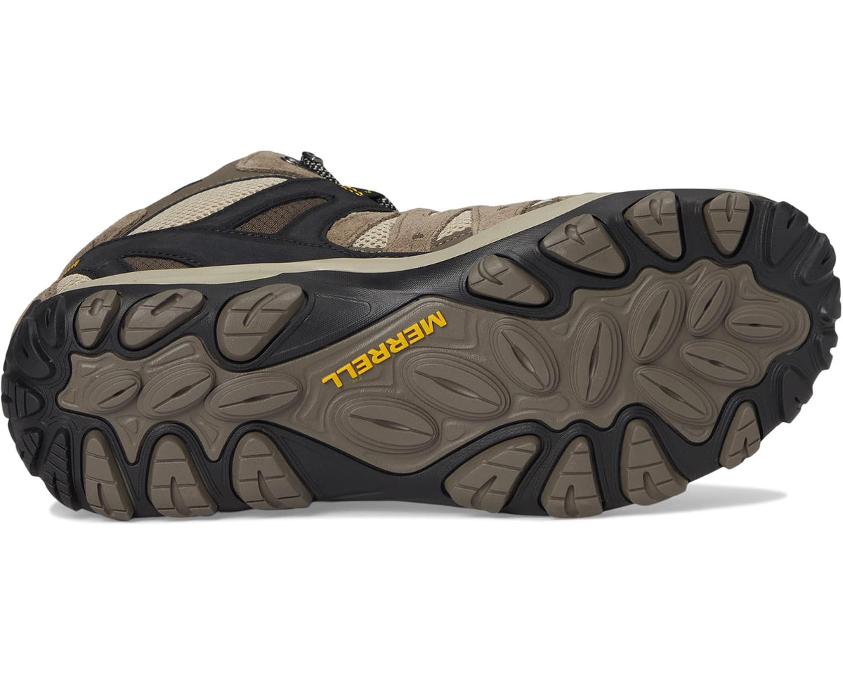 Merrell mid waterproof hiking boot outsole tread, black and gray