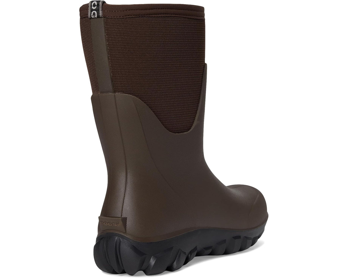 Brown mid-calf pull-on boot with elastic gore and chunky tread sole