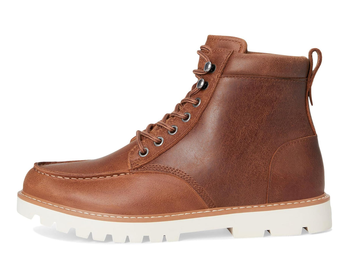 Men's tan leather lace-up boot with high top collar and lugged sole