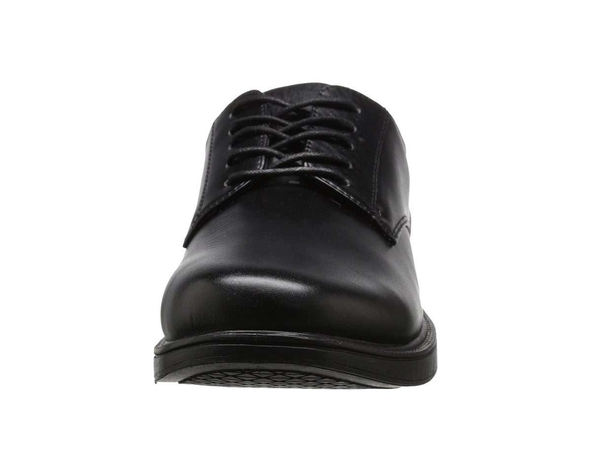 Men's black lace-up dress shoes, front view with five-eyelet lacing