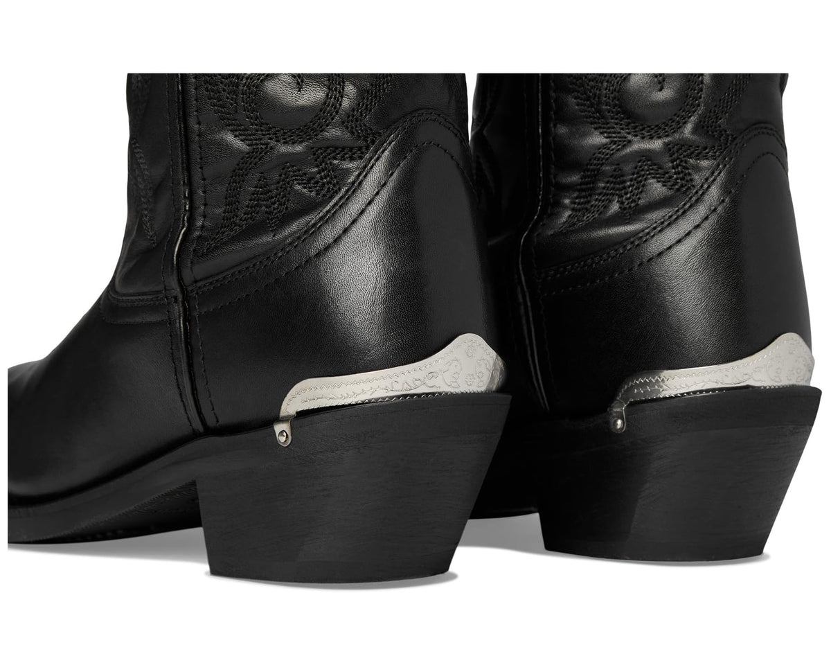 Men's black cowboy boots with light-colored spur strap accent