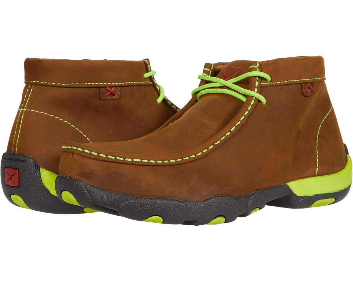 Men's work boots in brown suede with neon green laces and contrast stitching