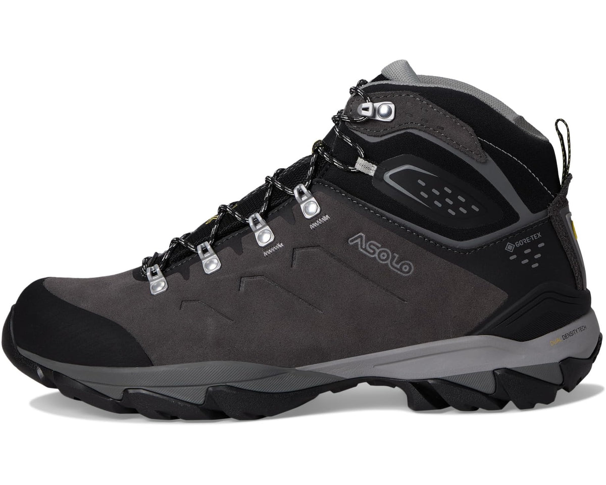 Men's Asolo mid-cut hiking boot, side profile in graphite and black with padded collar