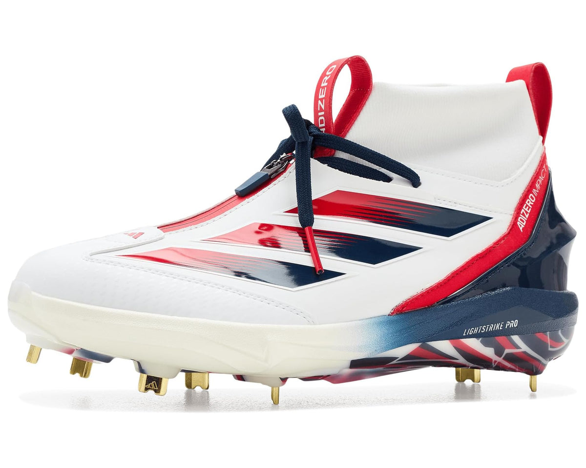 adidas baseball cleat shoes in white with red and navy accents, lace-up with metal studs