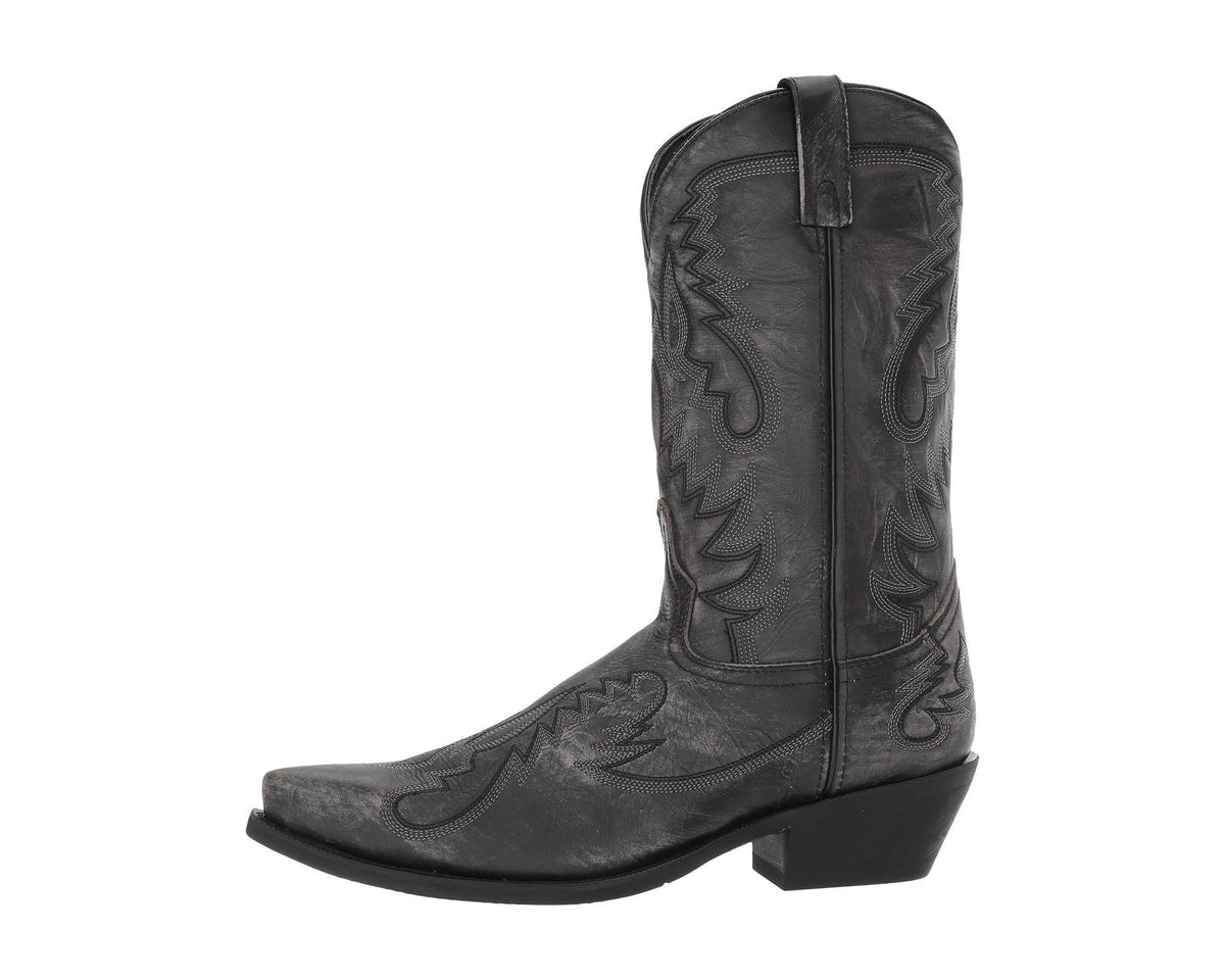 Black cowboy boot side view with V-stitch patterns, pull tabs, and block heel