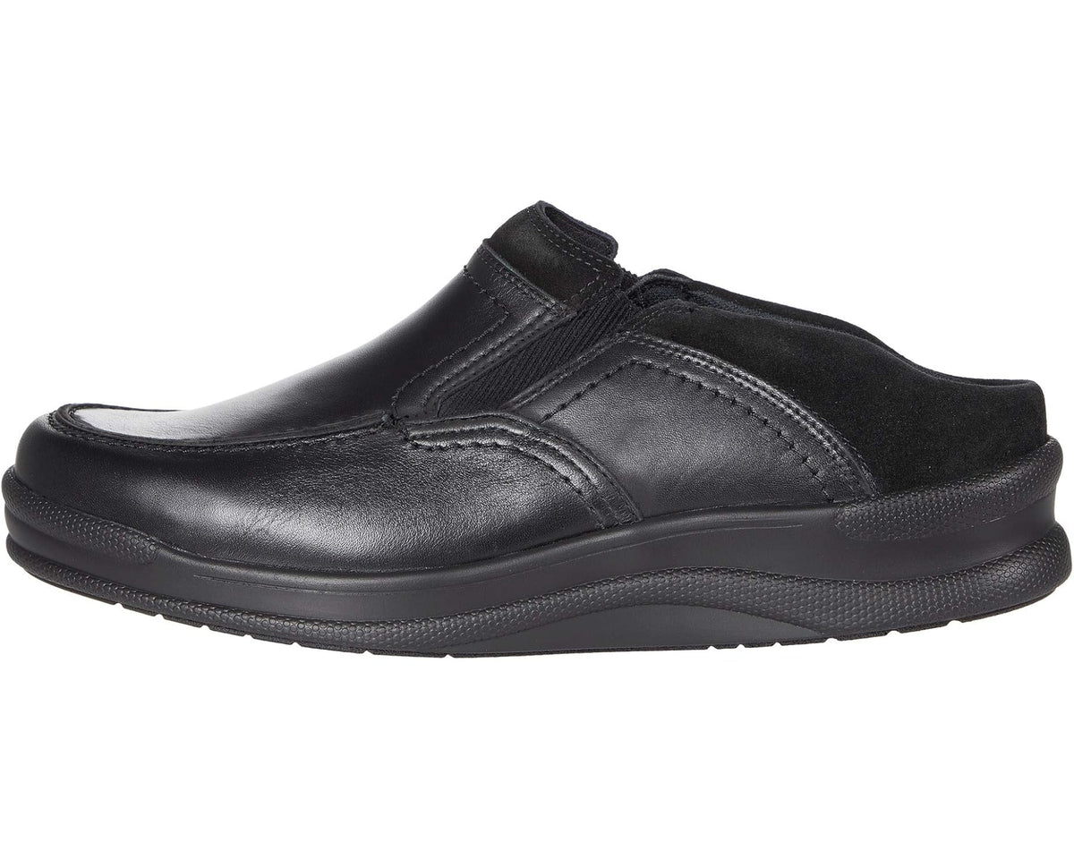 Men's SAS slip-on shoe, front three-quarter view with elastic goring and stitched seams