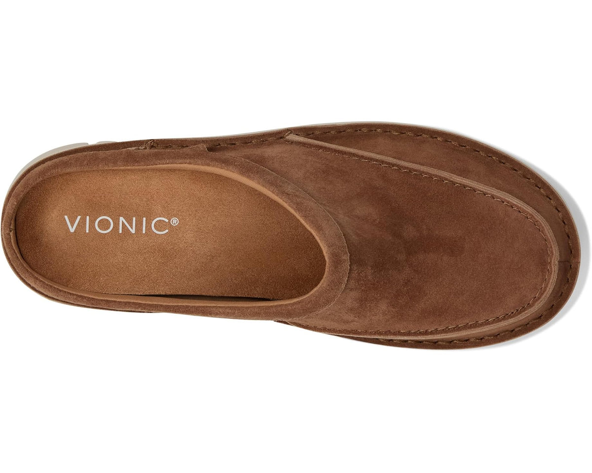 Suede slip-on mule with VIONIC logo on tan insole, hazelnut brown